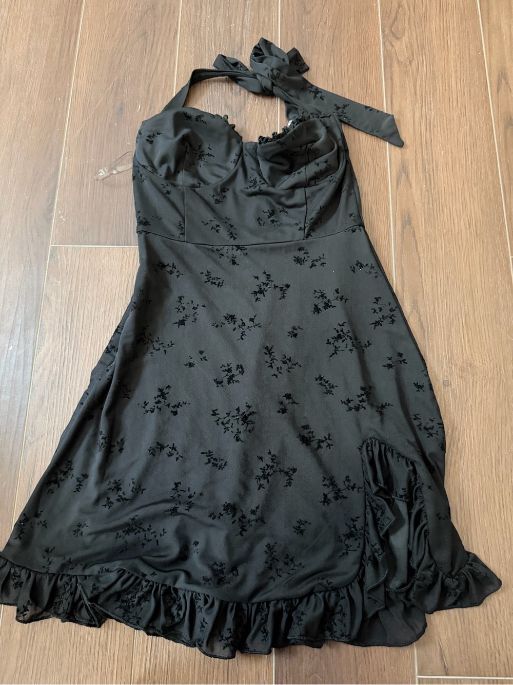 Black Floral Halter Satin Dress